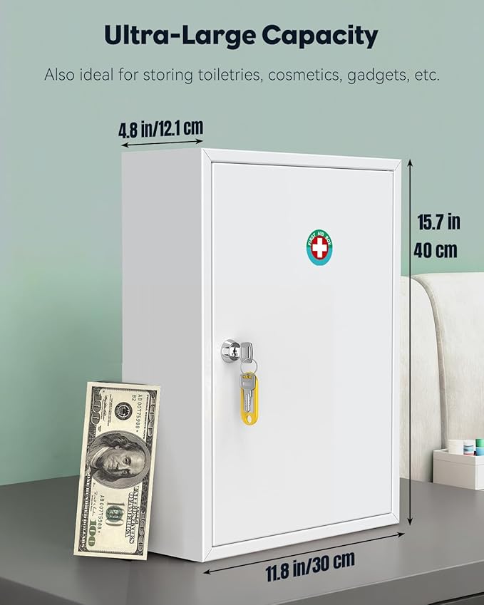 Uniclife Wall Mount Medicine Cabinet with Key Lock, Locking First Aid Cabinet, Lockable Medical Cabinet, Large Capacity Medicine Organizer, Secure Steel Wall Cabinet Metal Storage Box, White