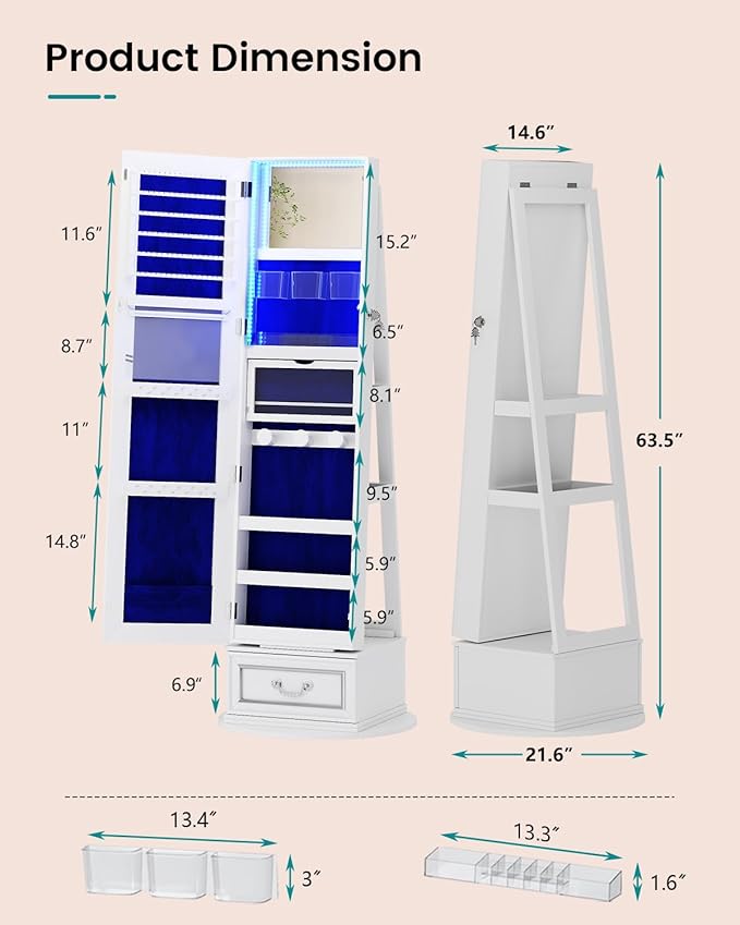Vlsrka Mirror Jewelry Cabinet Standing, 360° Swivel Jewelry Armoire with Full Length Mirror, Lockable Mirror with Jewelry Storage, 3-Color LED Lights, Foldable Makeup Shelf, White
