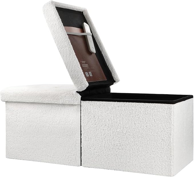 Bsketa Storage Ottoman Bench with Folding Lid Ⅲ, Foot Stools Opens on Both Ends, Footrest Foldable Teddy Velvet Chest for Living Room, Bedroom, Entryway, End of Bed Storage Blanket Ottomans White