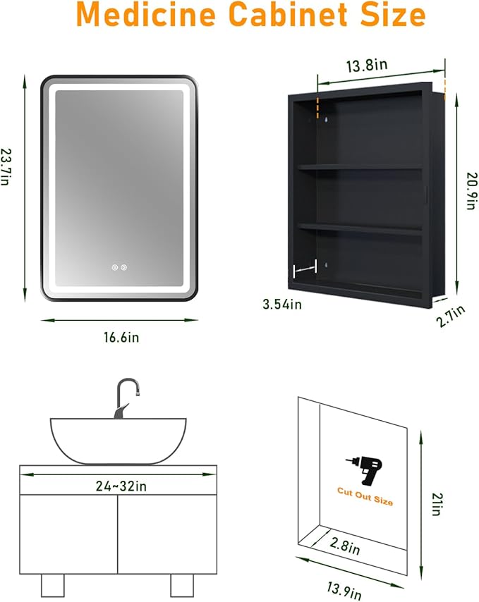 16x24 Inch LED Medicine Cabinet Mirror, Bathroom Mirror with Lights and Storage Wall Mounted & Recessed with Anti-Fog, Dimmable 3 Color Light with Memory, 2 Shelves & 1 Organizer Box, Left Hinge