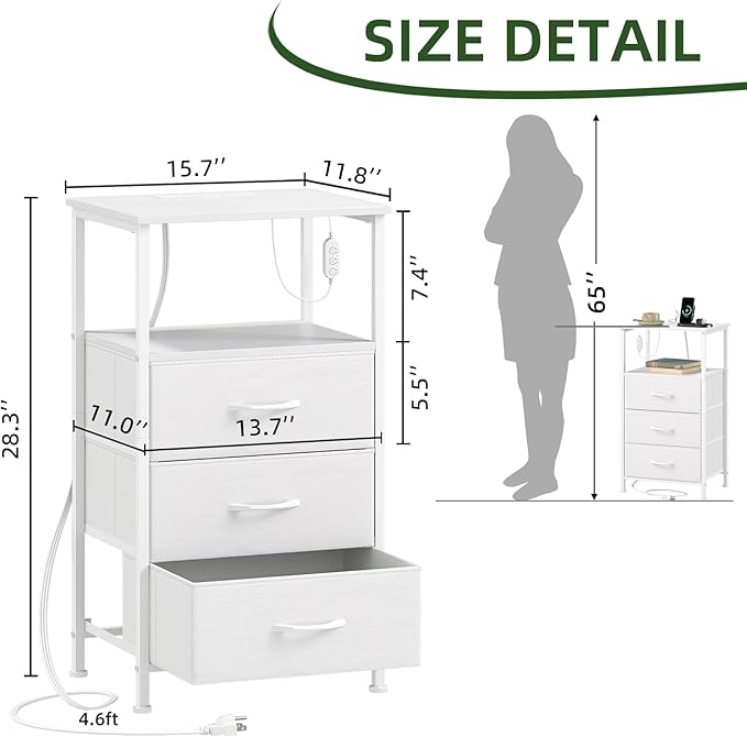 Somdot Nightstands Set of 2,Bedside Tables with Charging Station and LED Lights,Night Stand with 3 Fabric Drawers, End Tables with Open Shelf for Small Spaces Bedroom Entryway Hallway, White Leather