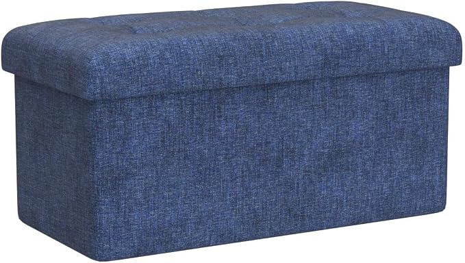 Ornavo Home Folding Storage Ottoman, 30 Inch Large Storage Bench with Lid, Foot Rest Stool for Bedroom, Living Room, Entryway, Tufted Linen Upholstered - Navy Blue