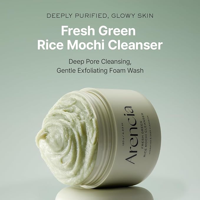 Arencia Korean Rice Mochi Face Cleanser & Daily Scrub - Moisturizing, Brightening & Deep-Cleansing - All Skin Types, Vegan, Organic - with Rice Powder, Rice Water & Green Tea (1.76oz)