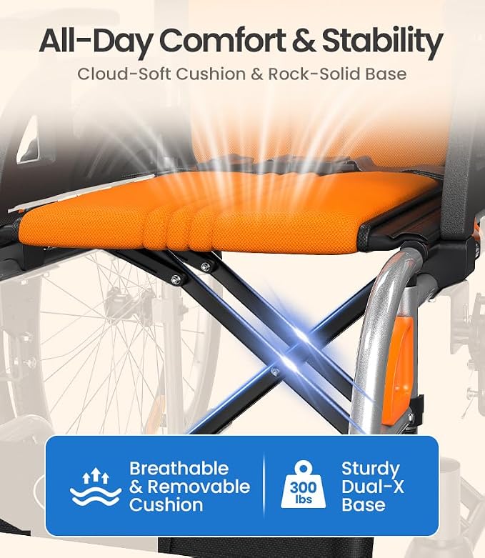 VOCIC Ultra Lightweight Wheelchair for Adults, 23lb Frame Portable Foldable Self-Propelled Wheelchairs for Seniors with Quick Release Wheels, Swing-Away Footrests,Flip-Back Arm, 300 lbs Orange