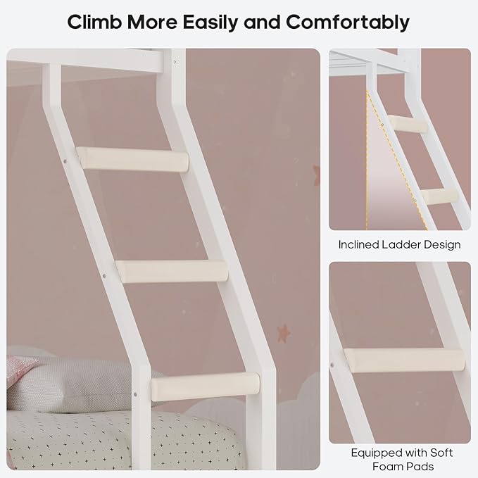 BTHFST Full Over Full Bunk Beds with 4 Storage Drawers & Shelves & Bedside Caddy, Bunk Bed with Charging Station & LED Lights, Full Size Bunk Bed with Safety Guardrail & Angled Ladder, White