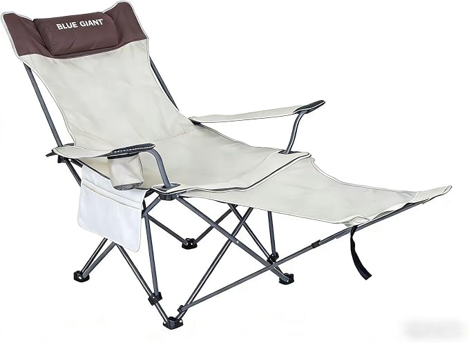 2 Pack Adjustable Folding Camping Chairs with Detachable Footrest and Headrest, Lightweight and Portable, Ideal for Hiking, Travel, Fishing and Outdoor Activities (Beige)