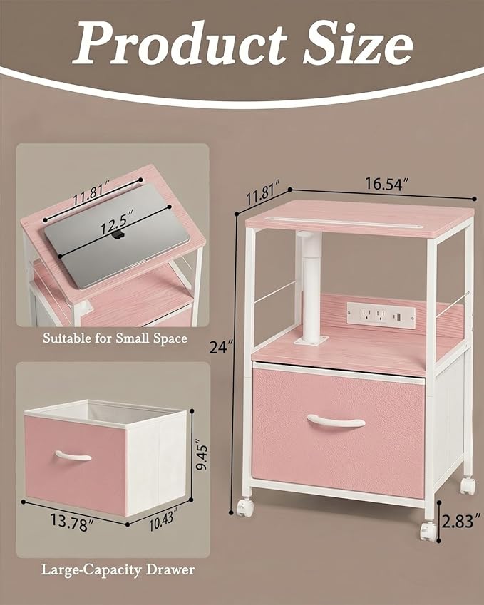Faesun Swivel Lift Top Nightstand with Charging Station, Rolling Side Table for Recliner, Bedside Table with Wheels & a Fabric Drawer, for Small Spaces, for Bedroom, Living Room, Pink