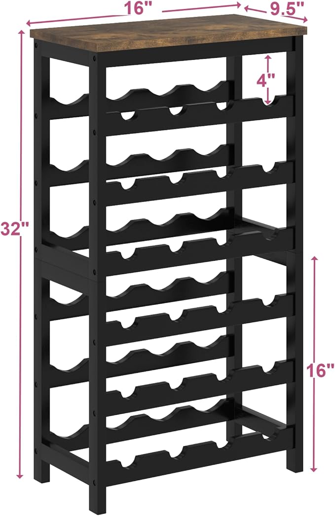 MOGELAFOO 6 Tier Bamboo Wine Rack Freestanding Floor, 24 Bottles Wine Storage Shelves with Table Top, Stackable Wine Display Rack for Kitchen, Bar, Dining Room, Rustic Brown and Black