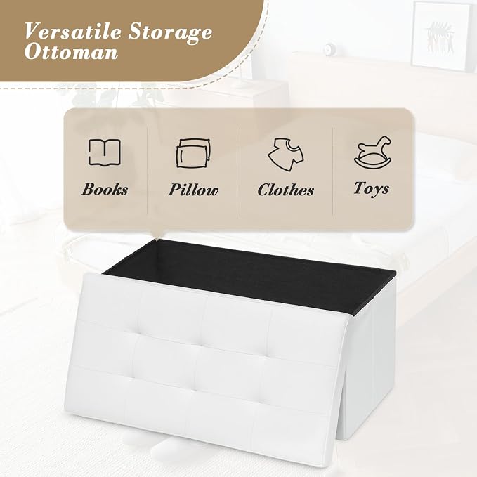 Athena Collection Leather Ottoman with Storage, 30 Inches Large Storage Ottoman Bench with 90L Storage, End of Bed Bench Foot Rest for Living Room, Bedroom, Entry, White