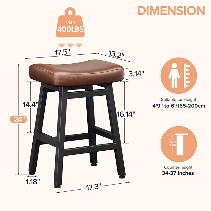 Raynesys Counter Height Bar Stools Set of 3, 24 Inch Barstools for Kitchen Counter, Kitchen Stools with Bonded Leather Saddle Seats & Heavy Duty Metal Legs, Easy Assembly, Brown/Black