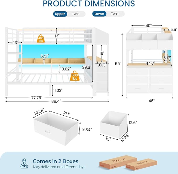 Twin Over Twin Bunk Bed with 6 Storage Drawers & 3 Boxes, Dual Side Shelves, Twin Bunk Beds for Kids with LED Lights and Charging Station, Heavy Duty Metal Bunk Bed with Safety Guardrail and Ladder