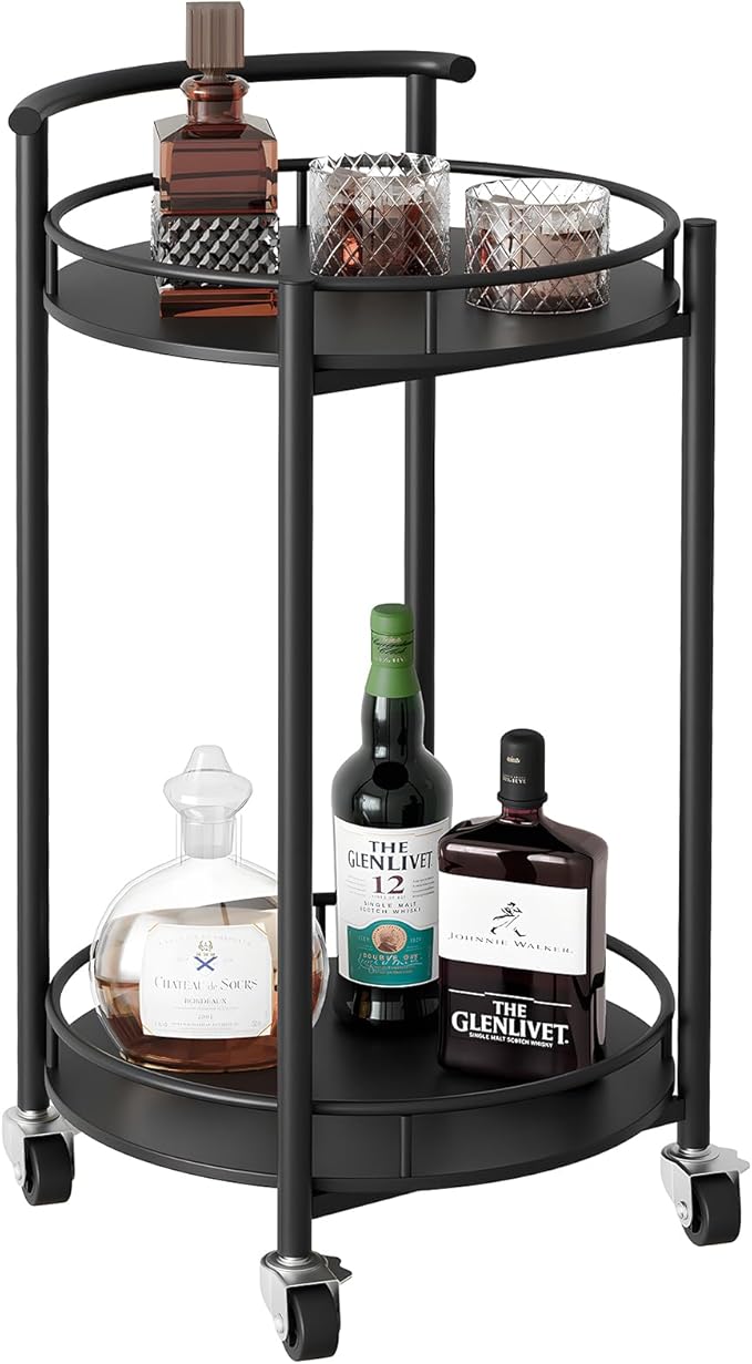 Bar Cart Black Rolling Cart for Home,2 Tiers Bar Serving Cart Round Wine Cart with Handle, Metal Wine Rack and Casters, Serving Bar Trolley for Home Kitchen,Living Room,Christmas,New Year