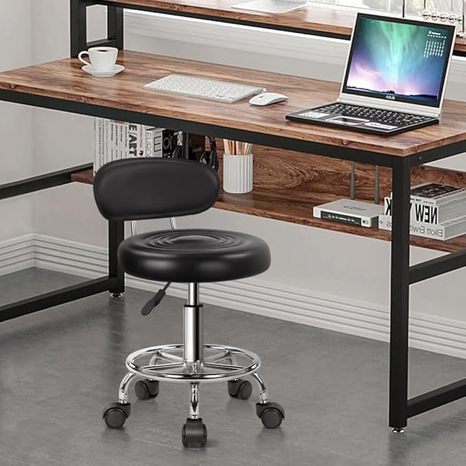 KKTONER PU Leather Modern Rolling Stool with Low Back Height Adjustable Work Salon Drafting Swivel Task Chair with Footrest (Black)