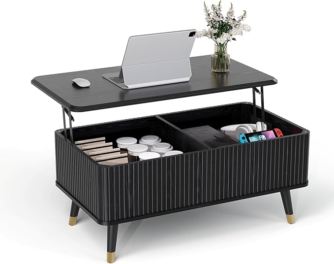 JOINICE Lift Top Coffee Table with Storage, Modern Black Fluted Design, Pop-Up Center Table with Hidden Compartment for Living Room & Home Office Work/Dining
