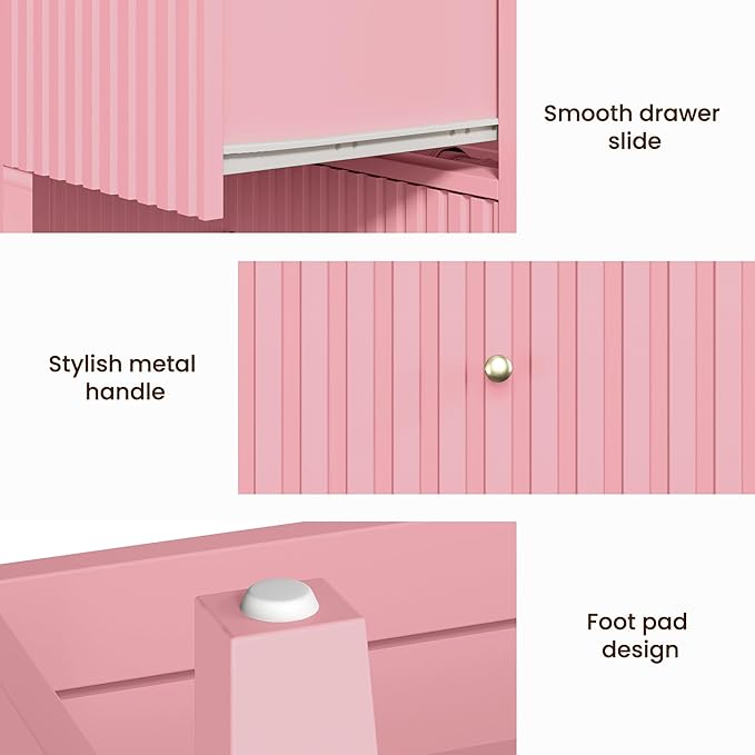 RoyalCraft 32" Large Nightstand Set of 2, Fluted Painted Bedside Table with 3 Spacious Drawers, Modern Tall End Table for Bedroom, Pink