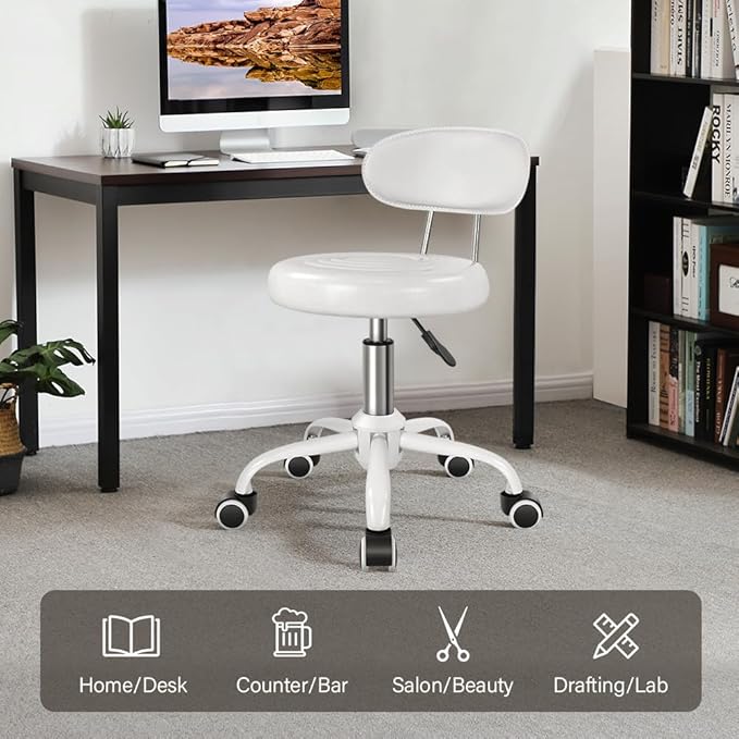 WKWKER Rolling Stool with Wheels Swivel Stool with Back Height Adjustable Chair PU Leather Rolling Chair Ideal for SPA Salon Home Office Drafting Work (White)