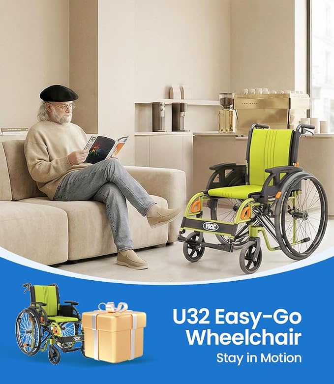 VOCIC Ultra Lightweight Wheelchair for Adults, 23lb Frame Portable Foldable Self-Propelled Wheelchairs for Seniors with Quick Release Wheels, Swing-Away Footrests,Flip-Back Arm, 300 lbs Green