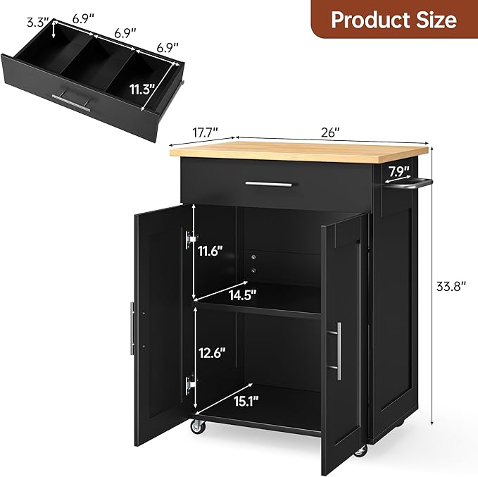 OtterOasis Kitchen Island Cart with Storage, Small Kitchen Island on Wheels with Large Drawer, Adjustable Shelf & Towel Rack, Rolling Island Table for Kitchen & Dining Room, Black