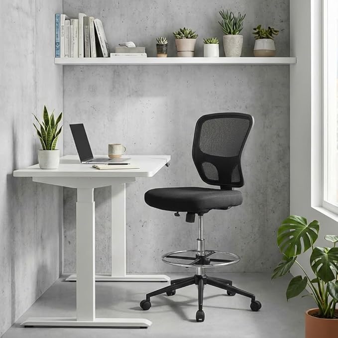 Armless Drafting Chair Tall Office Chair Adjustable Height High Back Ergonomic Desk Chair Drafting Stool Rolling Bar Stools Chairs with Footrest and Wheels