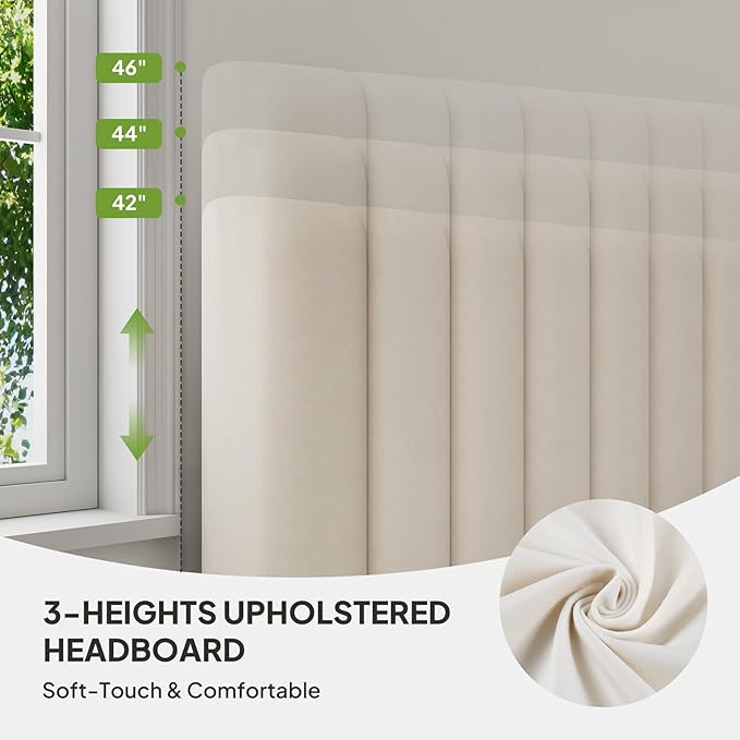 Welzona Full Upholstered Bed Frame with Headboard, Velvet Upholstered Metal Platform Bed with Vertical Channel Tufted Headboard, 3-Level Height, Metal Slat Support, Noise-Free Easy Assembly, White