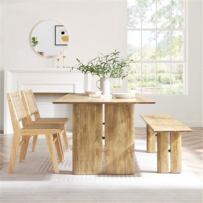 Modway Amistad 72" Solid Wood Modern Farmhouse Rectangular Dining Table and Bench Set in Oak