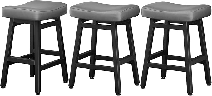 Raynesys Counter Height Bar Stools Set of 3, 24 Inch Barstools for Kitchen Counter, Kitchen Stools with Bonded Leather Saddle Seats & Heavy Duty Metal Legs, Easy Assembly, Gray/Black