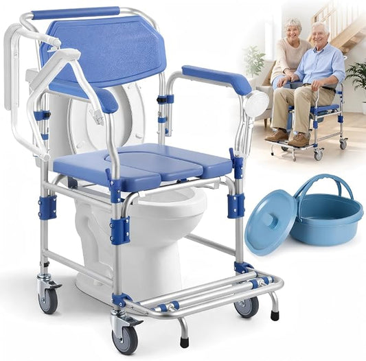 Bedside Commode Wheelchair with Drop Arms & Lockable Casters, Waterproof Aluminum Shower Chair, 330lbs Capacity Portable Toilets, Anti-Tilt Foldable Footrest, Sponge Padded Seat, for Elderly&Mobility
