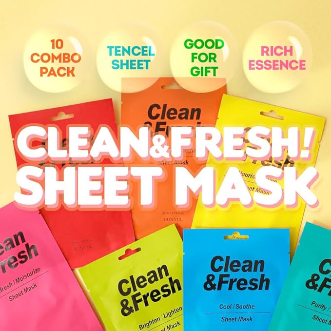 EUNYUL Clean & Fresh Sheet Mask Set, Pack of 10, 0.74 fl oz Each, Korean Facial Sheet Masks Variety Pack for Daily Skincare