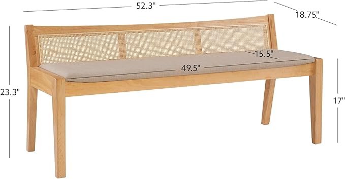 Powell Kasi Natural Low Back Cane Bench with Beige Upholstered Seat