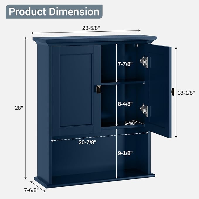 Bathroom Wall Cabinet, Wooden Medicine Cabinet Over Toilet Storage Cabinet with Doors and Adjustable Shelf Wall Mounted Storage Organizer Cabinet Above Toilet (Ultramarine)