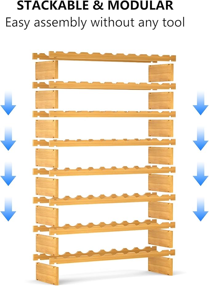 Bamboo Wine Rack Stackable, 8-Tier 72 Bottles Large Capacity, Modular Wine Storage Rack Free Standing, Floor Wine Display Shelf
