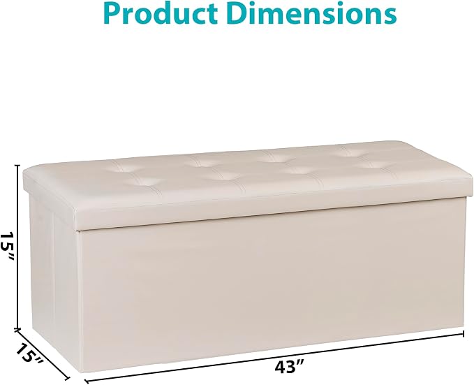SUPER DEAL Folding Ottoman Bench with Storage, 43 Inch Padded Seat Footrest Shoes Bench for Bedroom Living Room Entryway, 660 lbs Capacity 43"x 15"x 15", Faux Leather, Beige