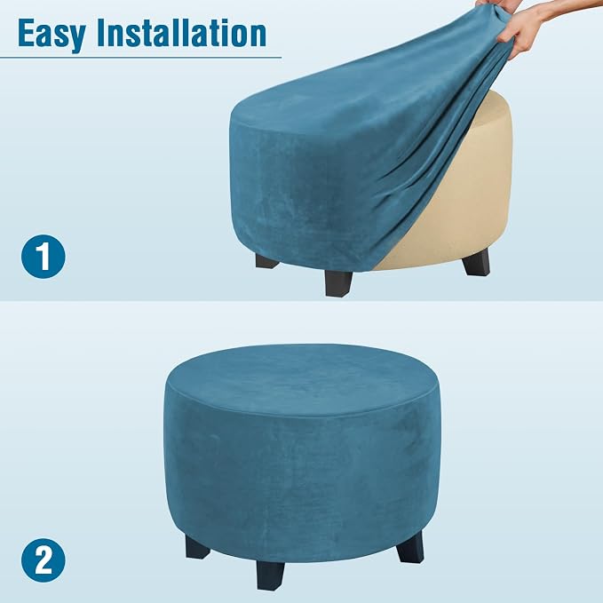 H.VERSAILTEX Round Ottoman Slipcover Ottoman Covers Slipcover Footstool Protector Covers Storage Stool Ottoman Covers Stretch with Elastic Bottom, Real Velvet Plush Fabric (Medium, Peacock Blue)