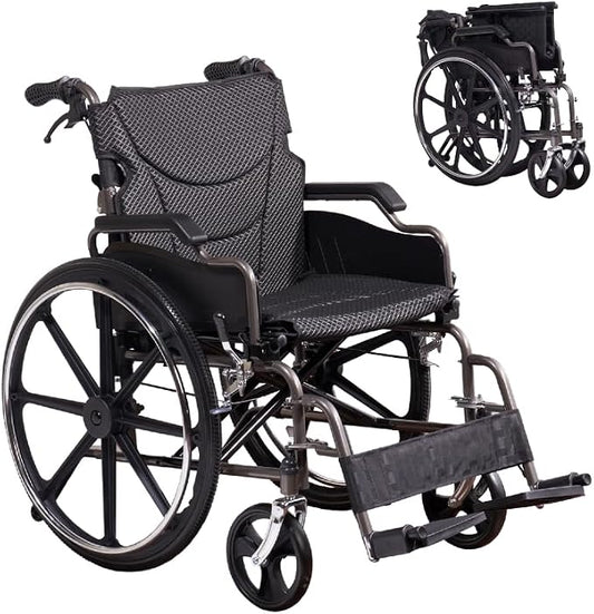 Lightweight Foldable Manual Wheelchair for Adults with 18" Seat & 275 lbs Capacity - Front/Rear Locking Brakes, 24" Quick-Release PU Wheels, Removable Footrest (Nano Gray)