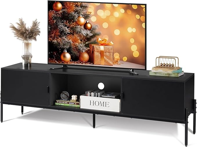 WLIVE 58" TV Stand for 65 Inch TVs, Mid Century Modern Entertainment Center with 2 Storage Cabinets & Open Shelf, Media Console Table with Metal Legs for Living Room, Bedroom, Black