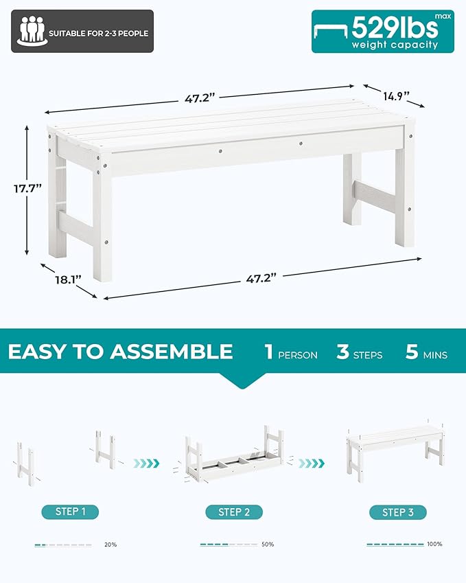 SERWALL 47 Inches Outdoor Bench Set of 2, All Weather HDPE Backless Bench with Wood Grain Texture for Garden Porch and Park, Curved Bench Seat for Comfort, White