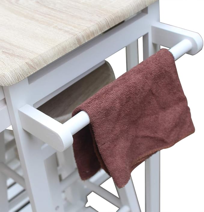 FCH Drop Leaf Dining Table with Chair Sets for Small Kitchen 3 PCS Wooden Kitchen Trolley Cart with Wheels 2 Round Bar Stools and 2 Drawers for 2 Person
