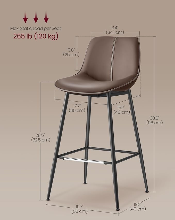 VASAGLE Bar Stools Set of 4, Bar Height Bar Stools with Back, Ergonomic Backrest, Synthetic Leather, Metal Legs, 28.5-Inch Tall Barstools for Kitchen Island Home Bar, Easy Assembly, Coffee Brown