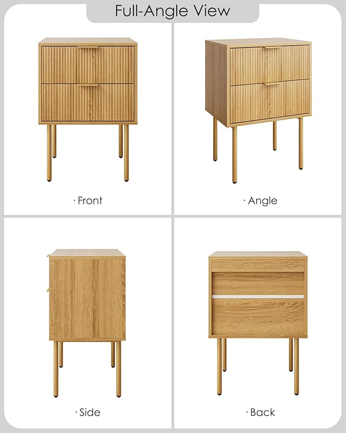 Aienvey Night Stand, Modern Nightstand with Drawers, Bedside Table, Gold Small Side Table for Bedroom, Living Room End Table (Oak Stripe, 2 Drawers)