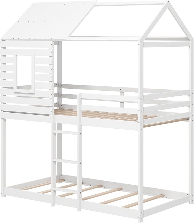 Giantex Wood Bunk Bed Twin Over Twin, House Bed Frame with Ladder and Guardrail, Floor Bunk Bed with Wood Slats for Kids, Girls, Boys, Dormitory and Bedroom, No Box Spring Needed, White