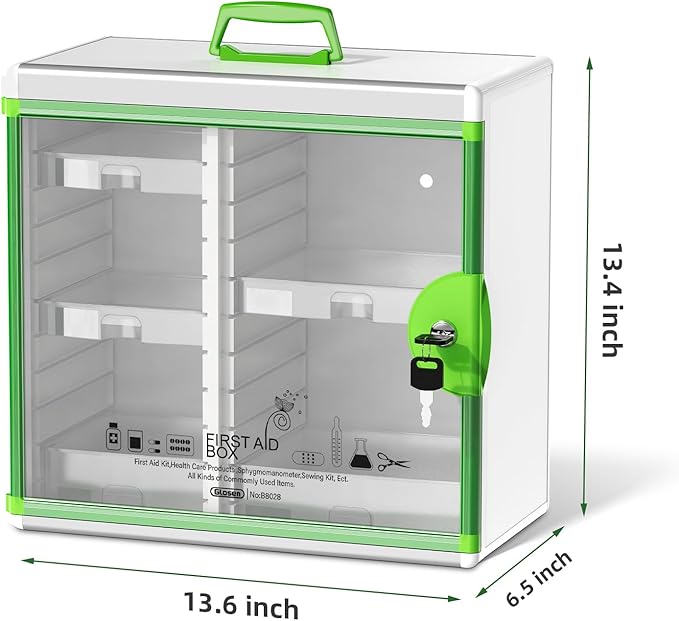 Glosen Lockable Medicine Cabinet with 5 Removable Trays, Wall Mounted & Portable Locking Medicine Cabinet Organizer with Key Lock for Home, Bathroom, Office - Aluminum Alloy Frame(13.6x13.4x6.5Inch)
