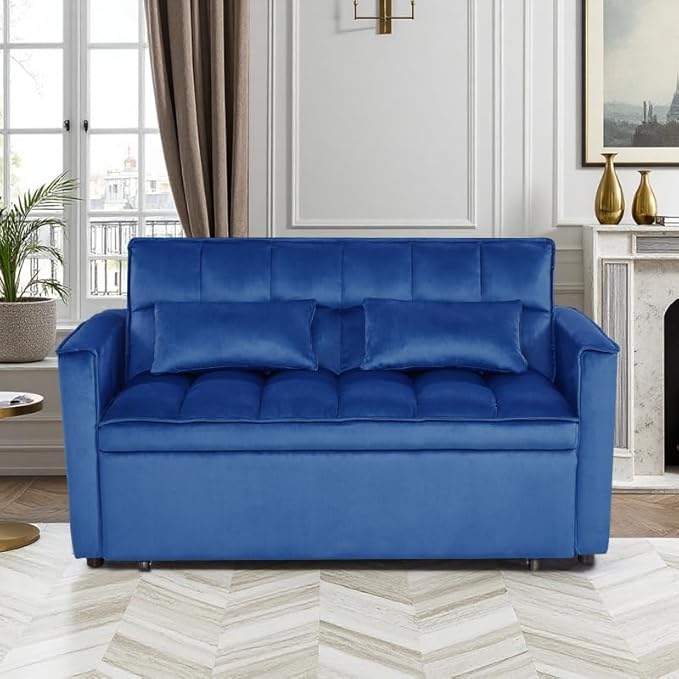 3 in 1 Convertible Sleeper Sofa Bed, Velvet Fabric Loveseat Sofa Bed with Adjustable Backrest & Large Side Pockets, Pull Out Couch for Small Spaces, Apartment, Living Room, Blue