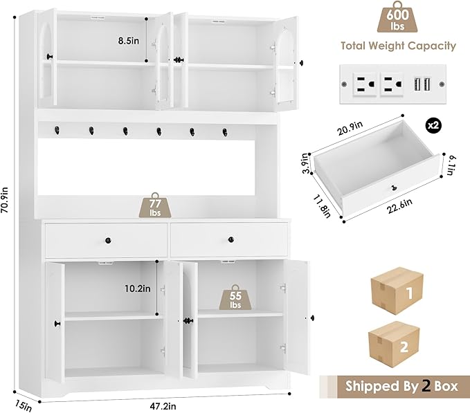 HIFIT 71" LED Kitchen Pantry Cabinet with Power Outlet, Large Kitchen Hutch Storage Cabinet with Arched Door & Shelves & 2 Drawers, Tall Modern Coffee Bar with Hutch for Home Dining Living Room, White