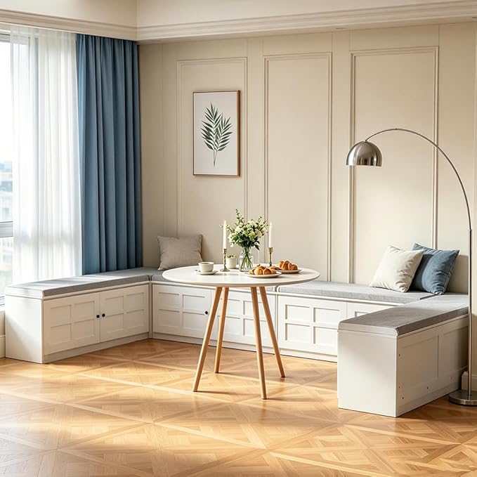 U-Shape Storage Bench with Cushion, Farmhouse Corner Dining Bench, Kitchen Breakfast Nook Bench with Hidden Storage, Convertible to Two L-Shapes, White for Dining Room Entryway Cloakroom