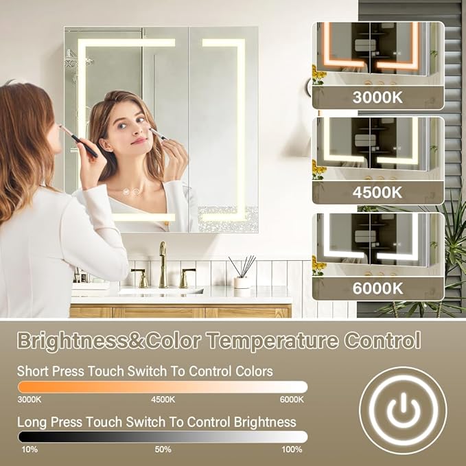 LED Medicine Cabinet,Bathroom Mirror Cabinet with Lights,24×28inch,Equip with Internal Light,Aluminum Construction,USB Shaver Socket,3 Color,Dimmer,Demister,Surface Mounted and Recess Mounted