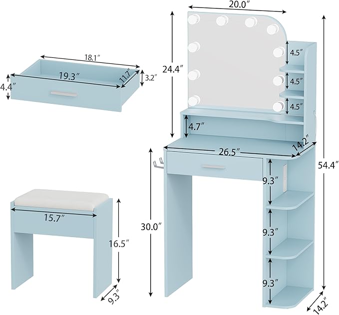 wanan Makeup Vanity with Chair, Small Vanity Desk with Mirror and Lights 3 Colors, Girls Vanity Set with Power Outlet, Compact Vanity Table for Small Space, Sky Blue