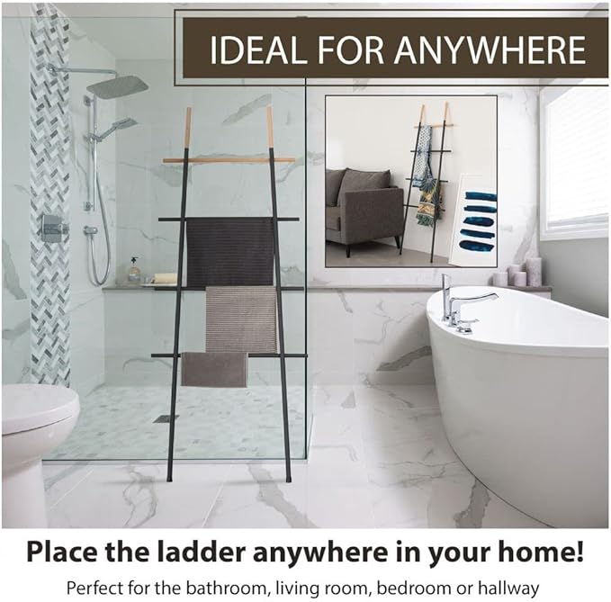 Freestanding Towel Ladder Rack, Space Saving, No-Scratch Wood, for Household Use (Black)