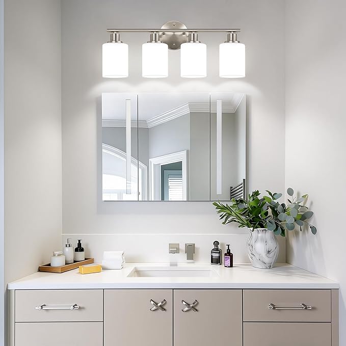 Zarbitta 4-Light Bathroom Light Fixtures, Brushed Nickel Modern Vanity Lights with Milky White Frosted Glass Shades, Bathroom Wall Lamp for Mirror Kitchen Living Room
