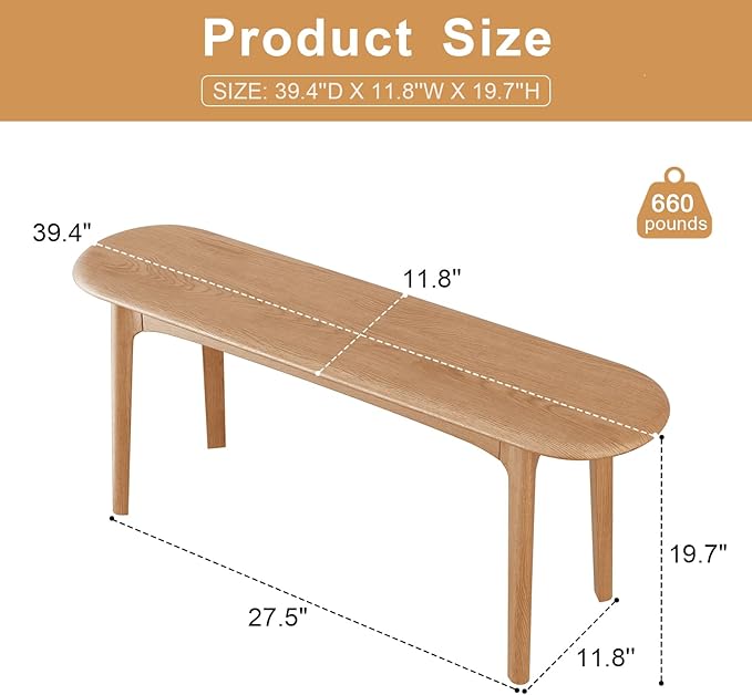 DONGMUWUEJEE 100% Solid Wood Dining Bench, Wood Bench for End of Bed with Rounded Corners, Entryway Benches for Farmhouse, Kitchen, Living Room and Plant Stand (Natural, 39.4" D x 11.8" W x 19.7" H)