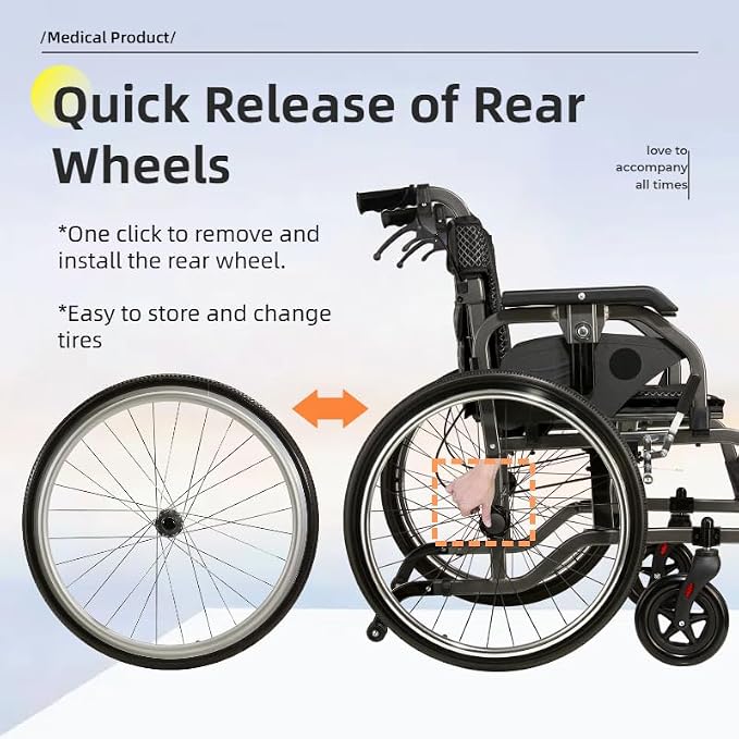 Lightweight Foldable Wheelchair for Adults - Aluminum Frame with Square Tube Design, 18" Seat & 22" PU Wheels, Front/Rear Locking Brakes, Nanometer Grey